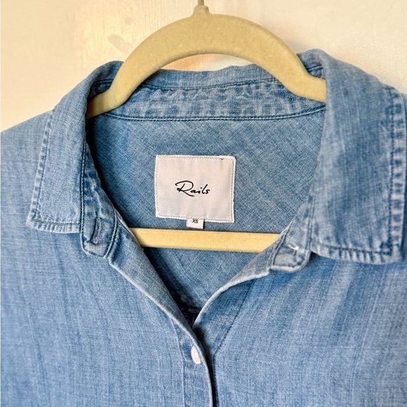 RAILS Val Floral Patch Embroidered Blue Denim Button-Down Tie-Front Blouse- XS - Picture 8 of 11